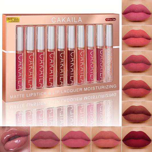 CAKAILA 10pcs Matte Lip Gloss Set in Red Shades, Long-Lasting, Waterproof, Non-Fade, Matte Finish, Suitable for All Skin Types and Adult Use