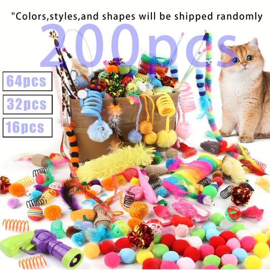 Mixed pack of 200/64/32/16 cat toys, including plastic and plush toys for multiple cats. Variety allows for different toys daily. Randomly shipped in various colors, styles, shapes, and