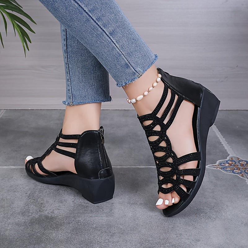 Women's platform wedge sandals with soft soles and rhinestone embellishments.