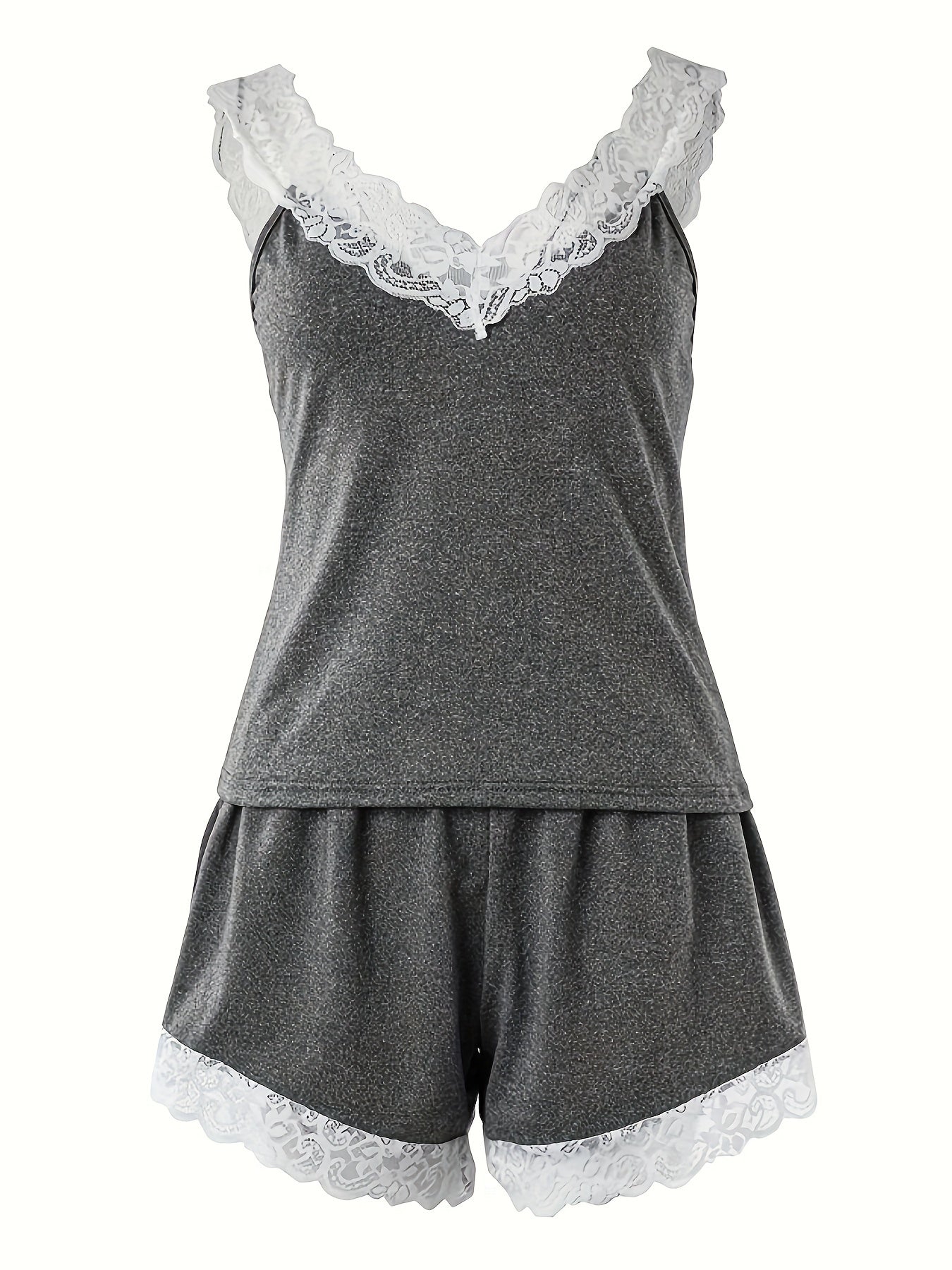 Chic Gray Lace-Trimmed Pajama Set for Women - V-Neck Crop Top & Shorts, Polyester Blend, Machine Washable, Ideal for Spring/Summer