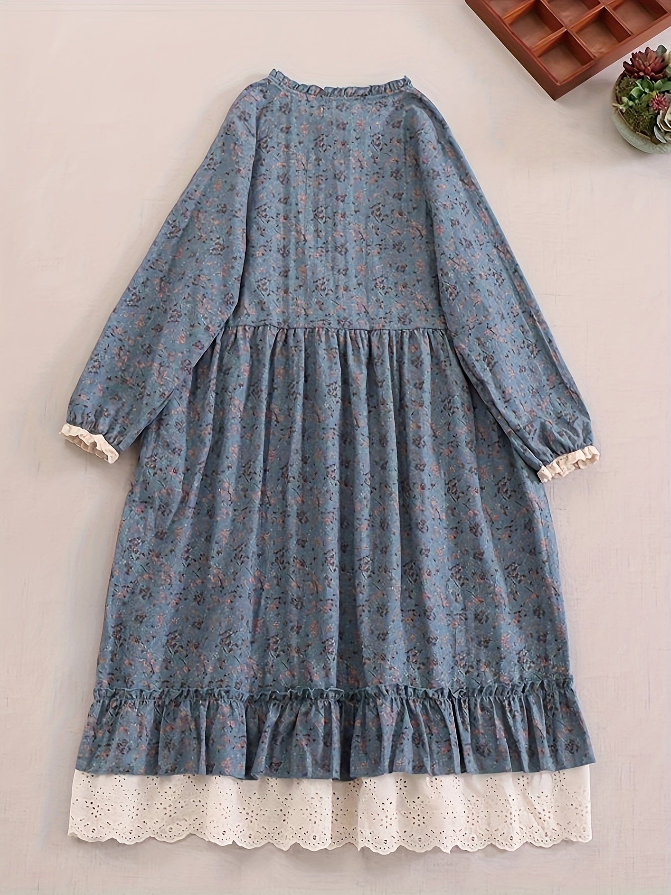 Japanese style floral long-sleeved dress with lace splicing, large hem, and linen skirt for women in Mori Girl's literary style.