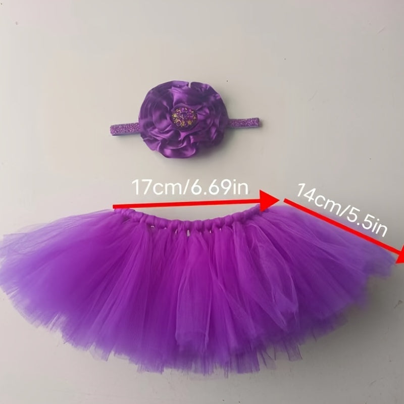 Baby Tutu Set in Purple – Includes Tutu Skirt and Headband made of Polyamide Tulle for ages 0-3, complete with coordinating Flower Headpiece. Perfect for Baby Photo Shoots, Ballet Performances, or as a Birthday and Special Occasion Costume.