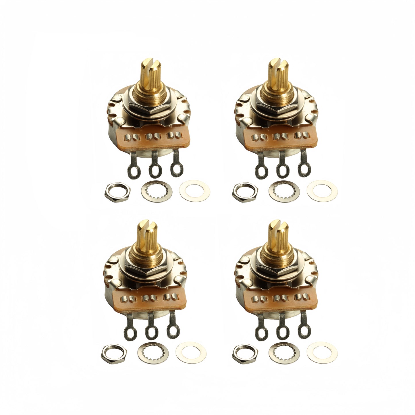 Two Brass Guitar Potentiometers - 3/8" Short Shaft, 15.5mm, 250k/500k Options for Electric & Bass Guitars, Low Noise, Smooth Performance, 24-tooth Copper Bass