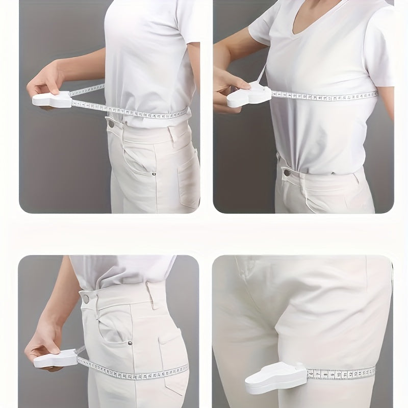 Self-tightening body measuring tape for home use, measures waist, fitness circumference, hip, arm, head circumference. White with PVC blade and lever lock.