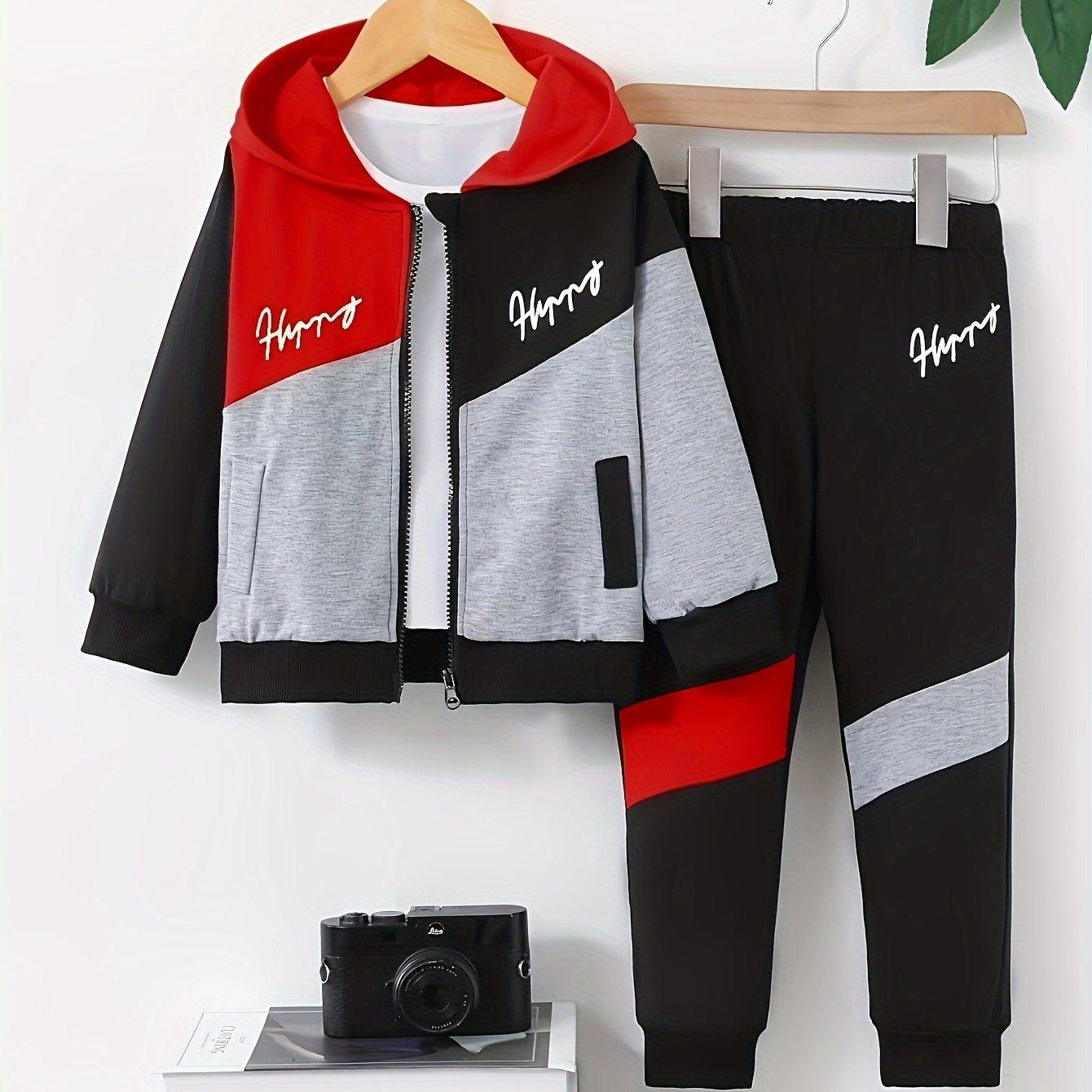 Boys' hooded jackets with zipper and patchwork letter print, sold as a set of two pieces.