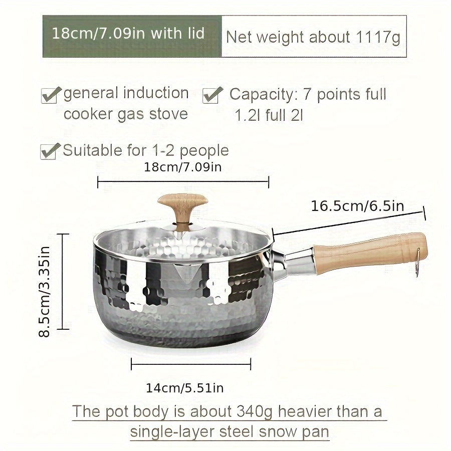 A small soup pot for home use without power supply made of 304 brushed finish stainless steel, featuring a wooden handle and induction compatibility