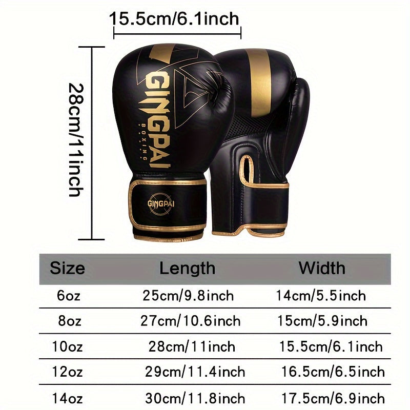 Adult boxing gloves for men and women, suitable for Muay Thai sparring and MMA training. Made of durable faux leather with adjustable strap closure in multiple sizes (6oz-14oz). Comes in a