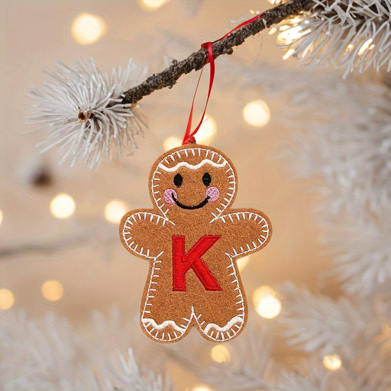 Embroidered gingerbread man ornament for Christmas decoration, made of fabric material. Classic style and no power required. Perfect for home and kitchen use.