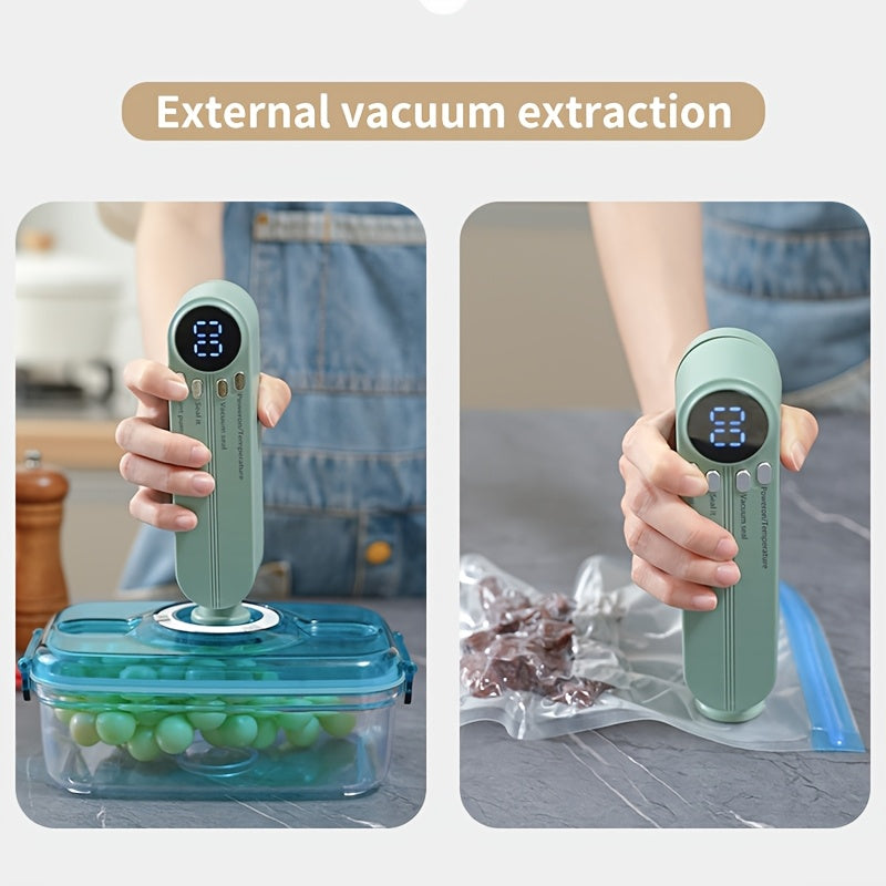 USB rechargeable vacuum sealer with LED indicator, powerful suction, automatic food saver with cutter & bags for dry/moist modes. Compact kitchen appliance for optimal food preservation