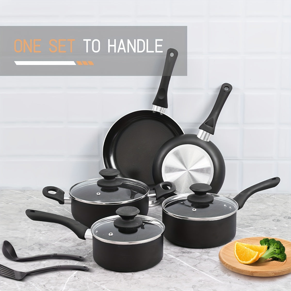 Aluminum Nonstick Cookware Set with 10 Pieces - Kitchen Pots and Pans with Cooking Utensils, Safe and Durable, Perfect for Home Cooking and Gifting - Free of PFOA, Cadmium, and Lead.