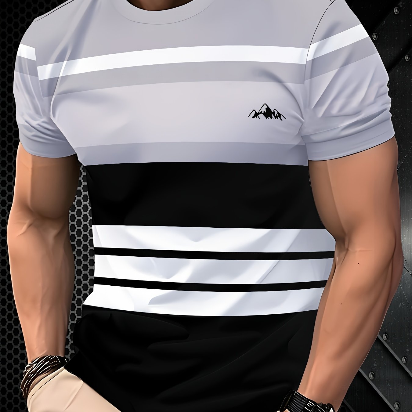 Men's Fashion Striped T-Shirt: 100% Polyester Crew Neck with Solid Color Knit Fabric, Regular Fit Tee for All Seasons