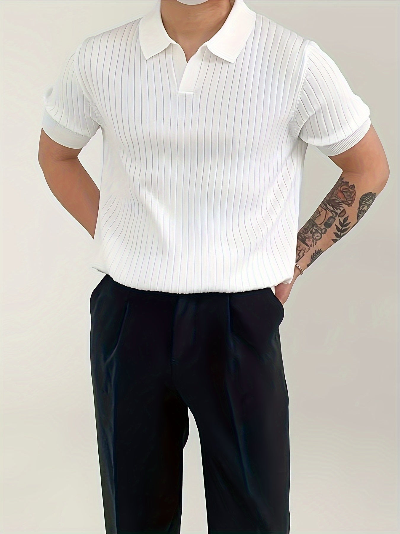 Solid ribbed men's golf shirts with short sleeves, casual style, regular fit, and mid-stretch fabric for summer.