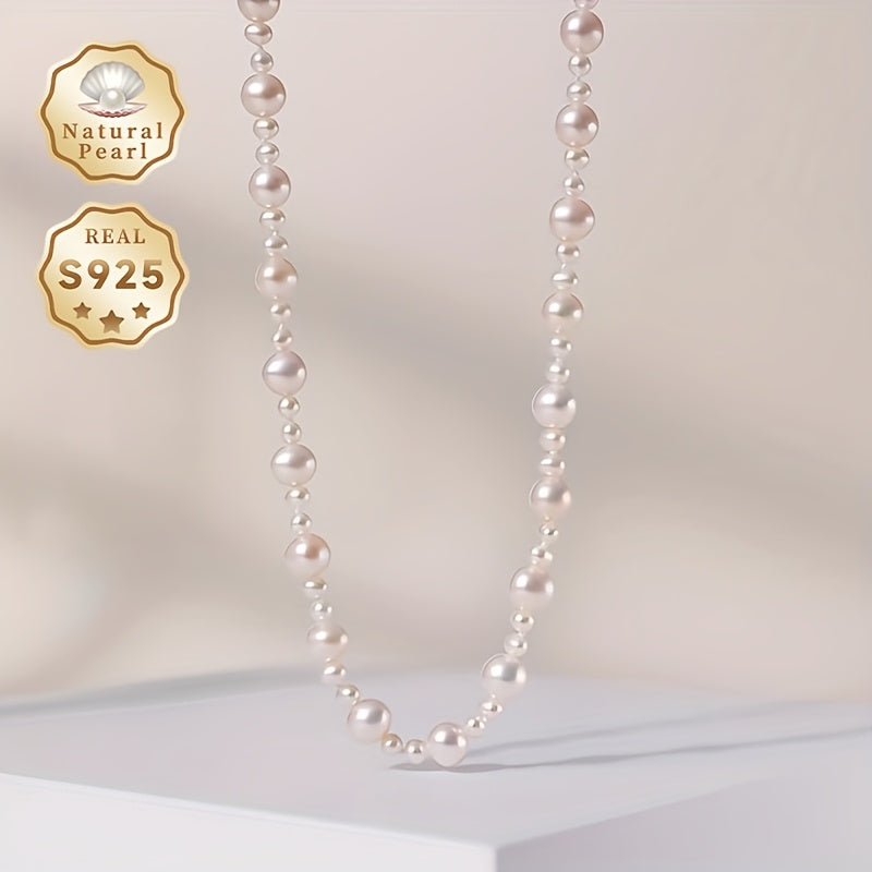 Elegant long chain pearl necklace for women by MUFAN. Made with authentic S925 silver and 3-4mm/7-8mm natural freshwater pearls. The necklace is 80cm long and comes in a gift box, perfect for daily wear or gifting. Please note: pearls may have small