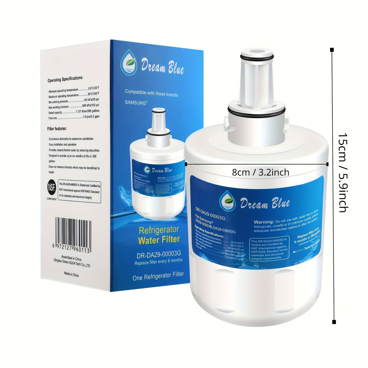 1 piece of the HAFCU1 Refrigerator Water Filter, compatible with Samsung models DA29-oooo3G, DA29-oooo3B, DA29-oooo3A, Aqua-Pure Plus, HAFCU1, RFG237AARS, RS22HDHPNSR, RSG257AARS, and WSS-1.