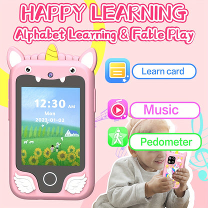 Educational smart toy phone for ages 3+ and 6+ with 8G memory. Featuring music, camera, video recording, pedometer, 20 learning games, habit formation, storybooks, and flashcards. Made of