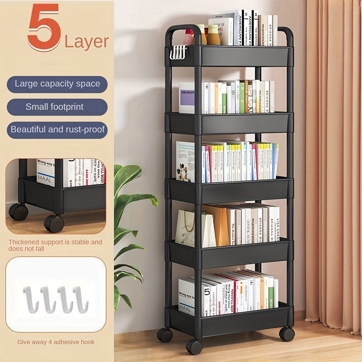 Rolling Storage Cart with Multiple Tiers - Fits Bedroom, Kitchen, and Living Room - Easy to Move with Wheels - Perfect for Snacks, Books, and More