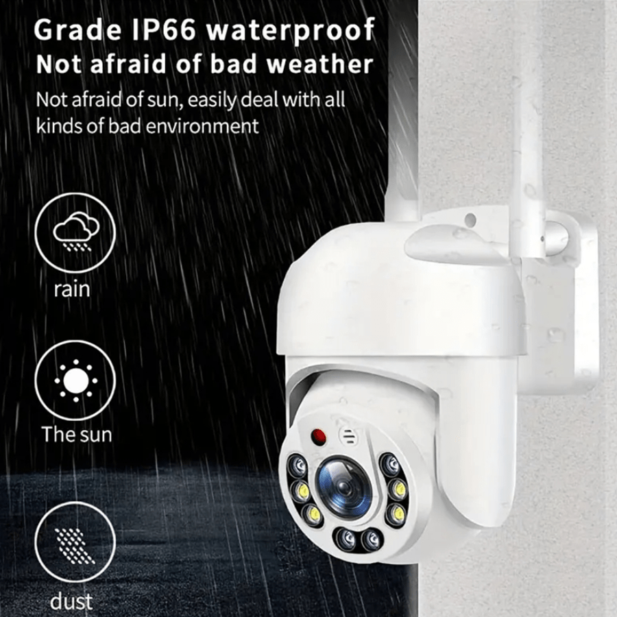 Teruhal's Outdoor WiFi Security Camera offers waterproof panning and auto-tracking features, 1080p HD night vision, human motion detection, two-way audio, panoramic view, and smart monitoring for home surveillance. It is compatible with smartphones and