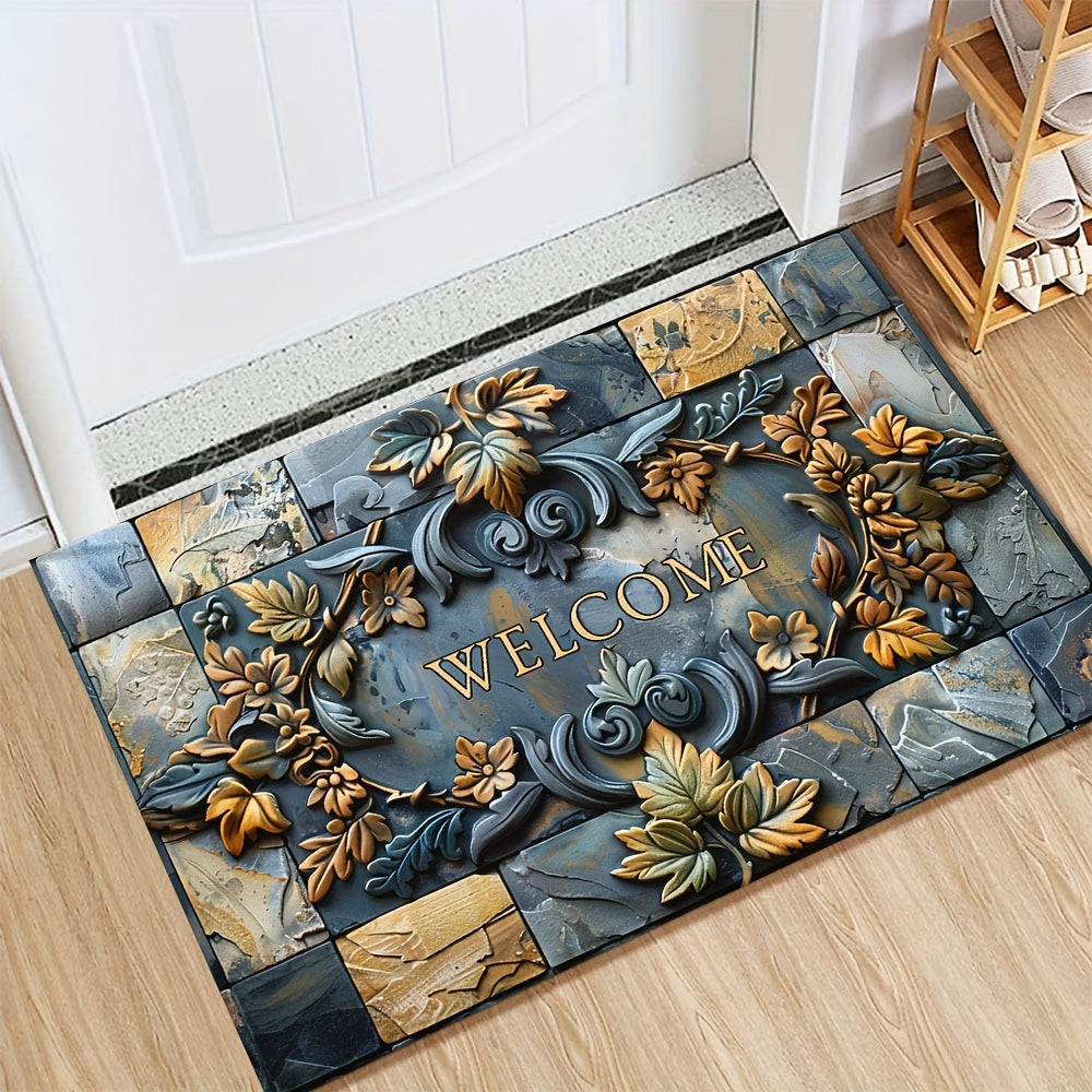 Opulent Welcome Mat with Elegant 3D Stone & Botanical Embossed Design - Features Non-Slip, Waterproof, and Machine Washable Polyester Material Perfect for Indoor and Outdoor Use - Enhance Entryway, Living Room, or Bathroom Décor