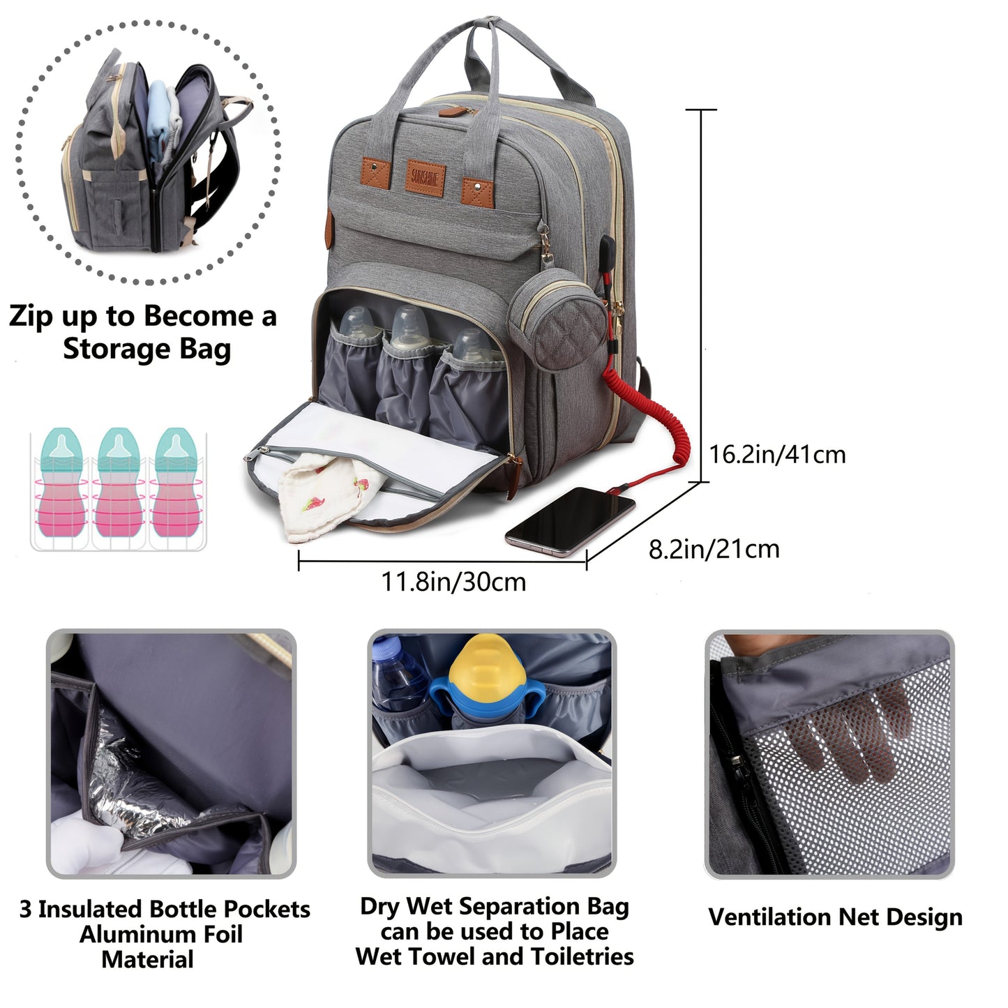 The Lamroro Diaper Bag Backpack is a must-have for parents on the go! This multi-functional polyester travel bag features a convenient USB charging port, zipper closure, anti-sunburn design, utility pocket, and strong handle strap. Perfect for moms and