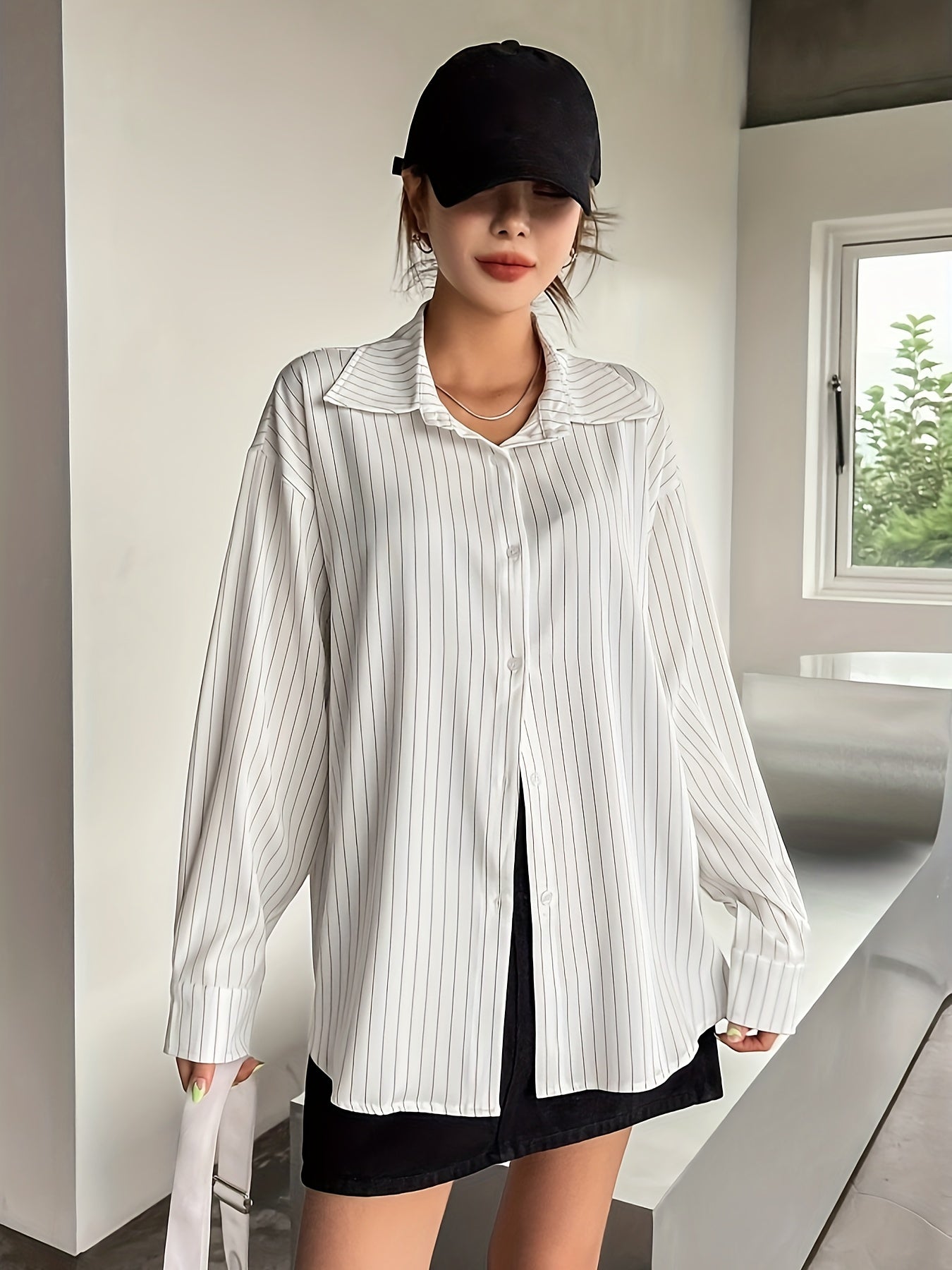 Women's Striped Drop-Shoulder Shirt - White & Black, Long Sleeve, Polyester, Machine Washable, Casual Wear for Spring/Summer/Fall