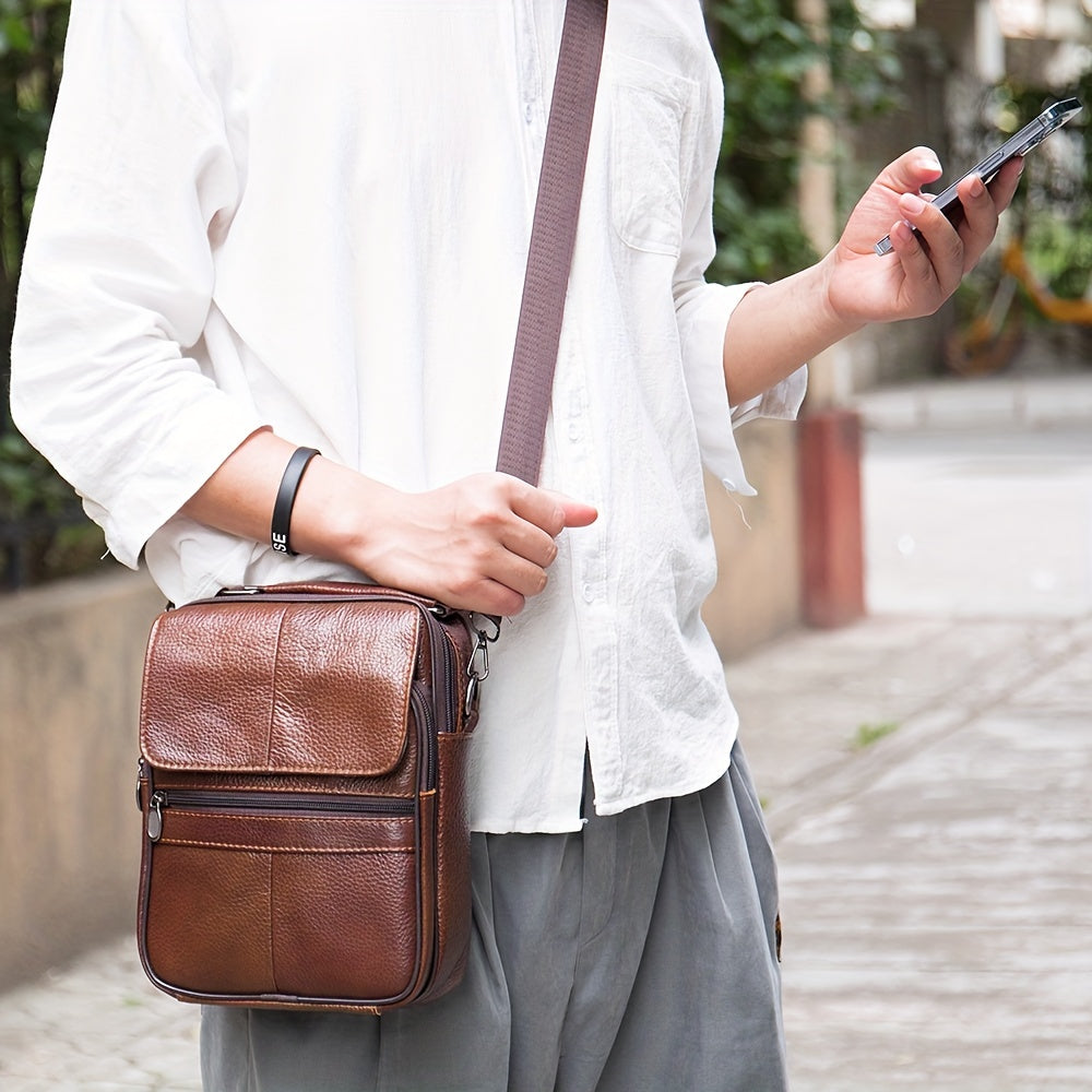 WESTAL Genuine Leather Messenger Bag in Black with Multiple Compartments, Adjustable Strap, and Zippers for Men's Daily Commute, Business, and Travel.