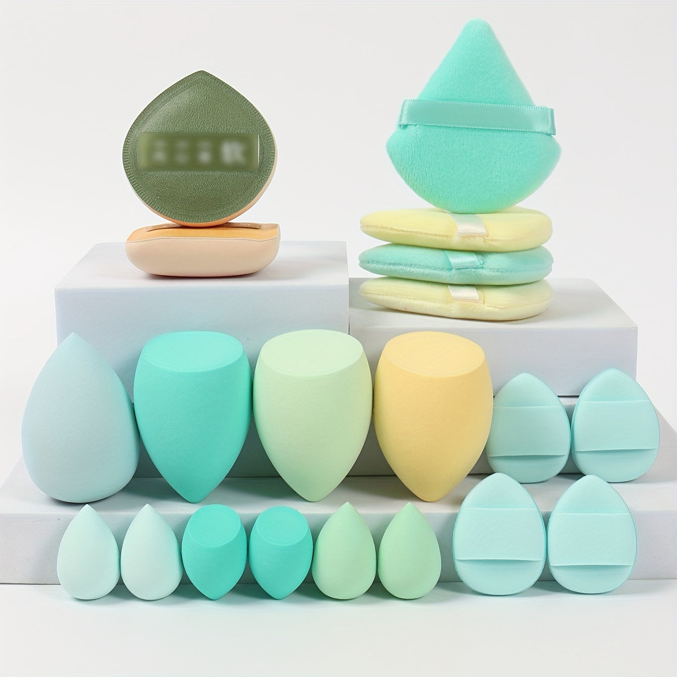 A 20-piece candy set includes various beauty sponges for blending makeup and covering imperfections. Latex-free and suitable for all skin types.