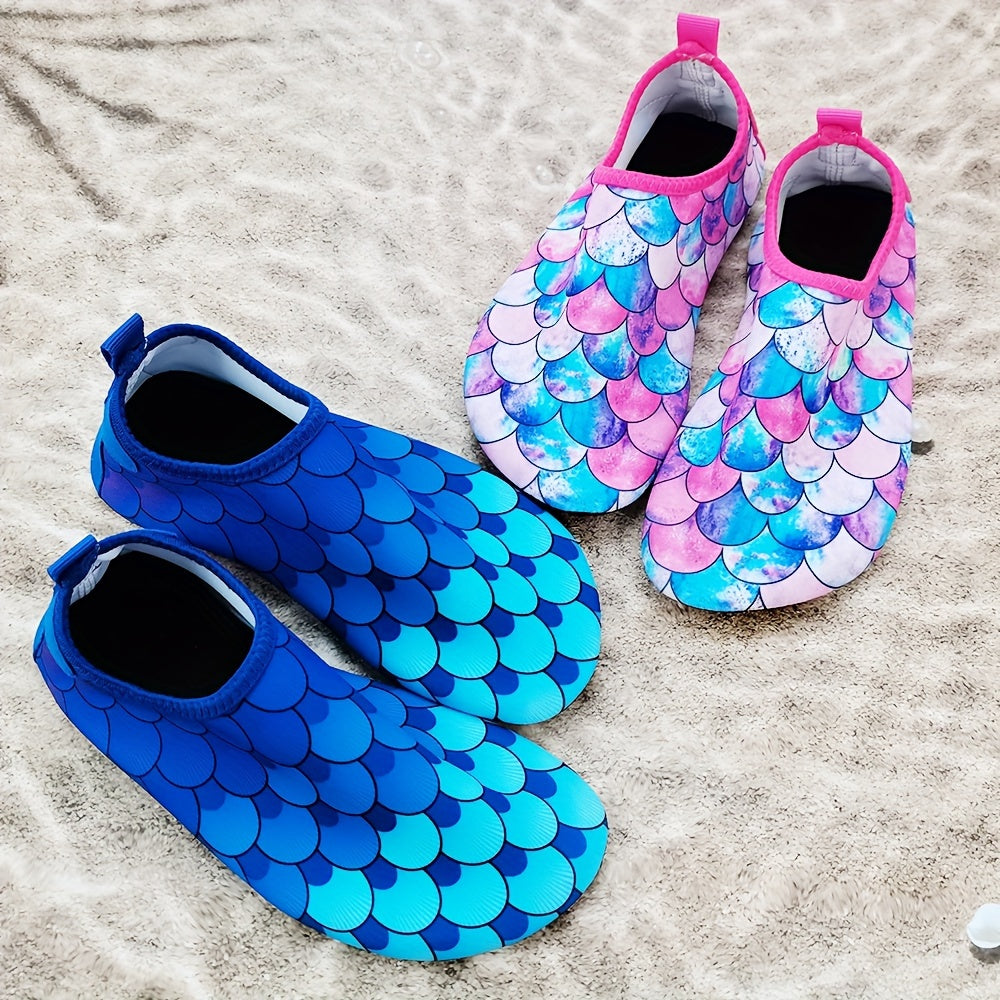 Colorful fish scale print slip-on water shoes for toddler girls, perfect for summer fun at the beach.