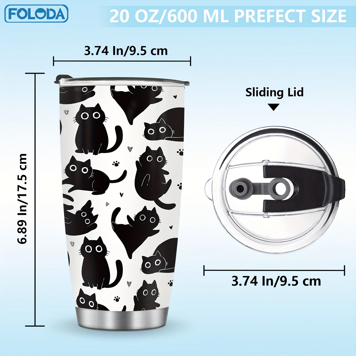 20oz Black Cat Insulated Stainless Steel Tumbler with Lid - Great Gift for Cat Lovers, Mom, and Friends - Perfect for any Occasion.