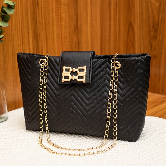 Versatile retro tote bag with magnetic closure and chevron pattern in black/light brown/white. Features chain strap and zippered closure. Perfect for daily use or special occasions.