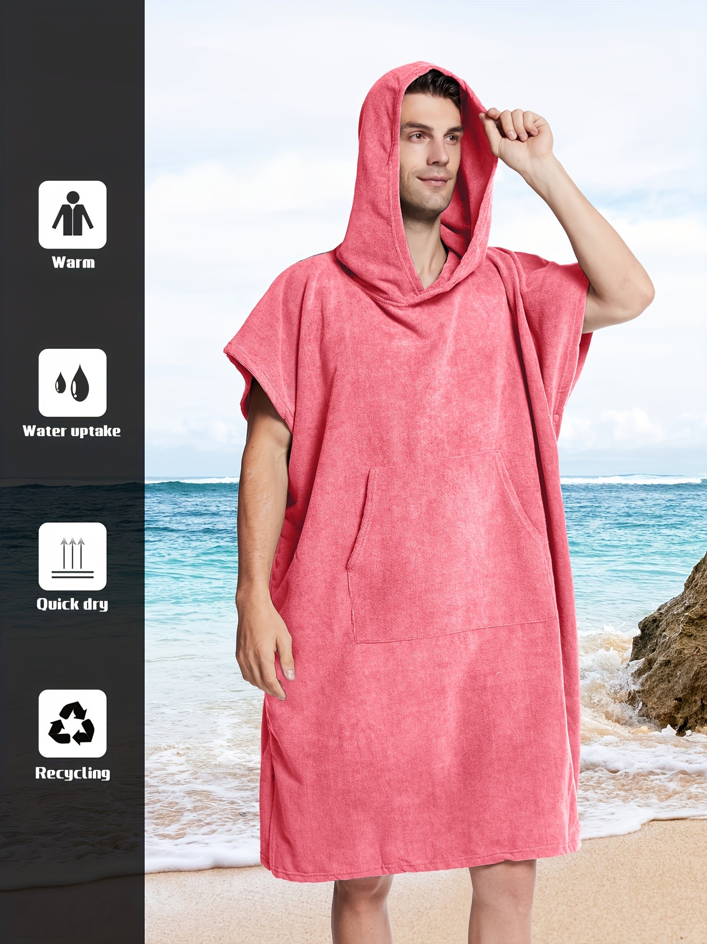 Men's quick-dry hooded towel robe with split hem for home and bath.