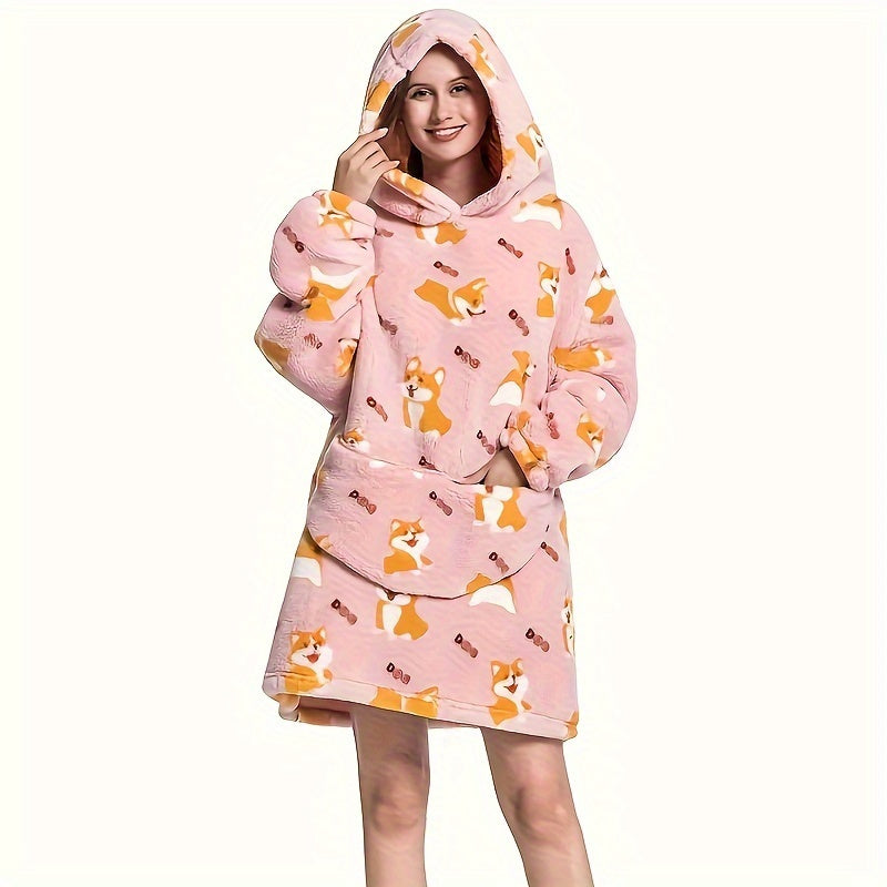 Animal-Themed Cozy Fleece Hooded Wearable Blanket - Reversible, Hand-Wash Only - Ideal for Outdoor Adventures and Home Relaxation