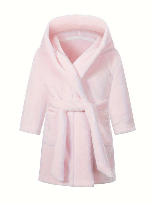 Children's hooded flannel bathrobe in solid color, made of soft coral fleece for autumn/winter loungewear.