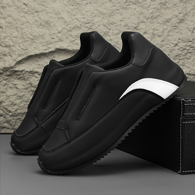 Men's slip-on casual sneakers in black & white with a thick sole, height boosting feature, round toe, and low-top design. Made with PU upper and fabric lining for versatility in all seasons.