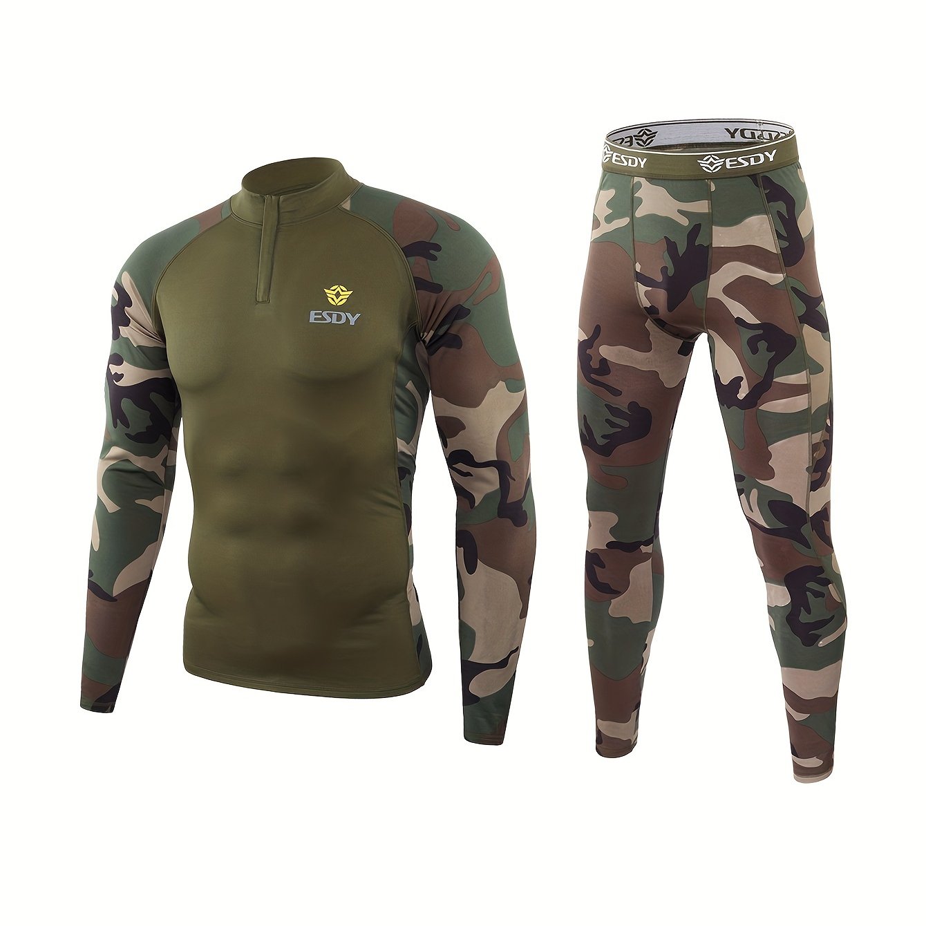 ESDY Men's Combat Shirt and Camo Leggings Set made of high-stretch knit fabric with zipper detail. Slim fit, long sleeve, made of 90% polyester and 10% spandex. Ideal for hiking and outdoor