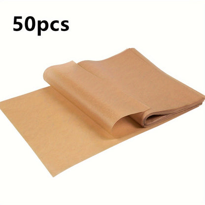 50 individual sheets of pre-cut non-stick unbleached parchment paper, free of lead, perfect for baking, cooking, grilling, frying, and steaming - ideal for use with a variety of baking pans.