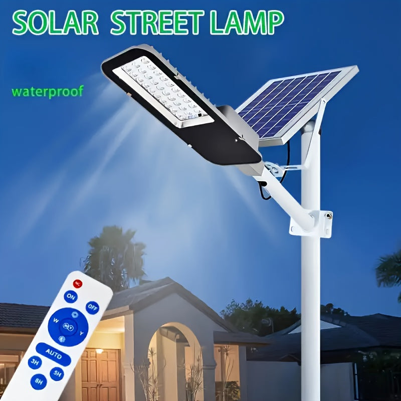 Energy-efficient outdoor solar street light with 6000/4000mAh battery, remote control, and solar panel for garden and yard lighting.