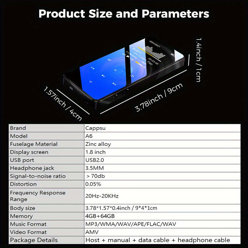 Cappsu 68GB HiFi MP3 Player with wireless features including video playback, FM radio, image viewer, voice recording, and zinc alloy body. Includes earphones and USB charging port.