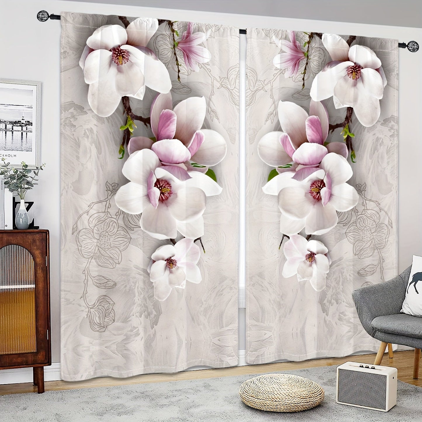 Set of 2 Magnolia Patterned Semi-Blackout Curtains with Rod Pocket, Perfect for Study, Bedroom, Kitchen, Living Room, Playroom, Office, or Patio Décor