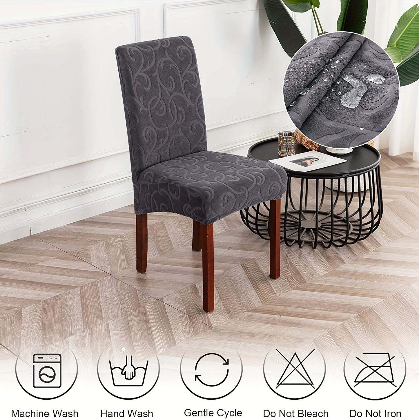 Waterproof chair slipcovers in 4pcs or 6pcs, stretch jacquard design for dining chairs. Removable, washable protector for home or commercial use.