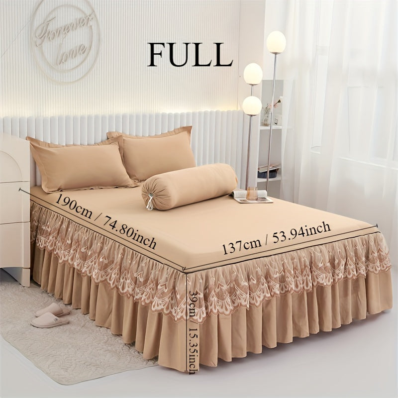 Chic 3-Piece Bed Skirt Set Featuring Double Layer Lace - Comes with 1 Bed Skirt and 2 Pillowcases, in a Solid Color. Non-Slip and Perfect for All Seasons, this Set is Machine Washable for easy care.