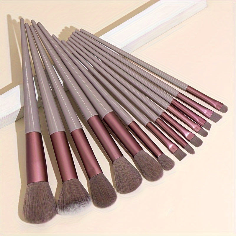 13 piece soft bristle makeup brush set in cream brown with pink & gray handles. Includes powder, blush, eyeshadow, and highlight brushes. Quick-dry, portable, and suitable for all skin