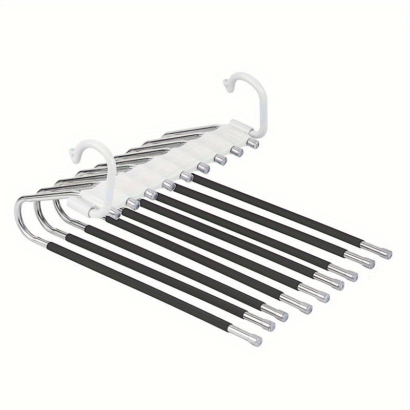 Space-saving stainless steel pants hanger with 1 piece, 5/9-layer design. Features non-slip S-hook for organizing tights, pants, and clothing in your closet.