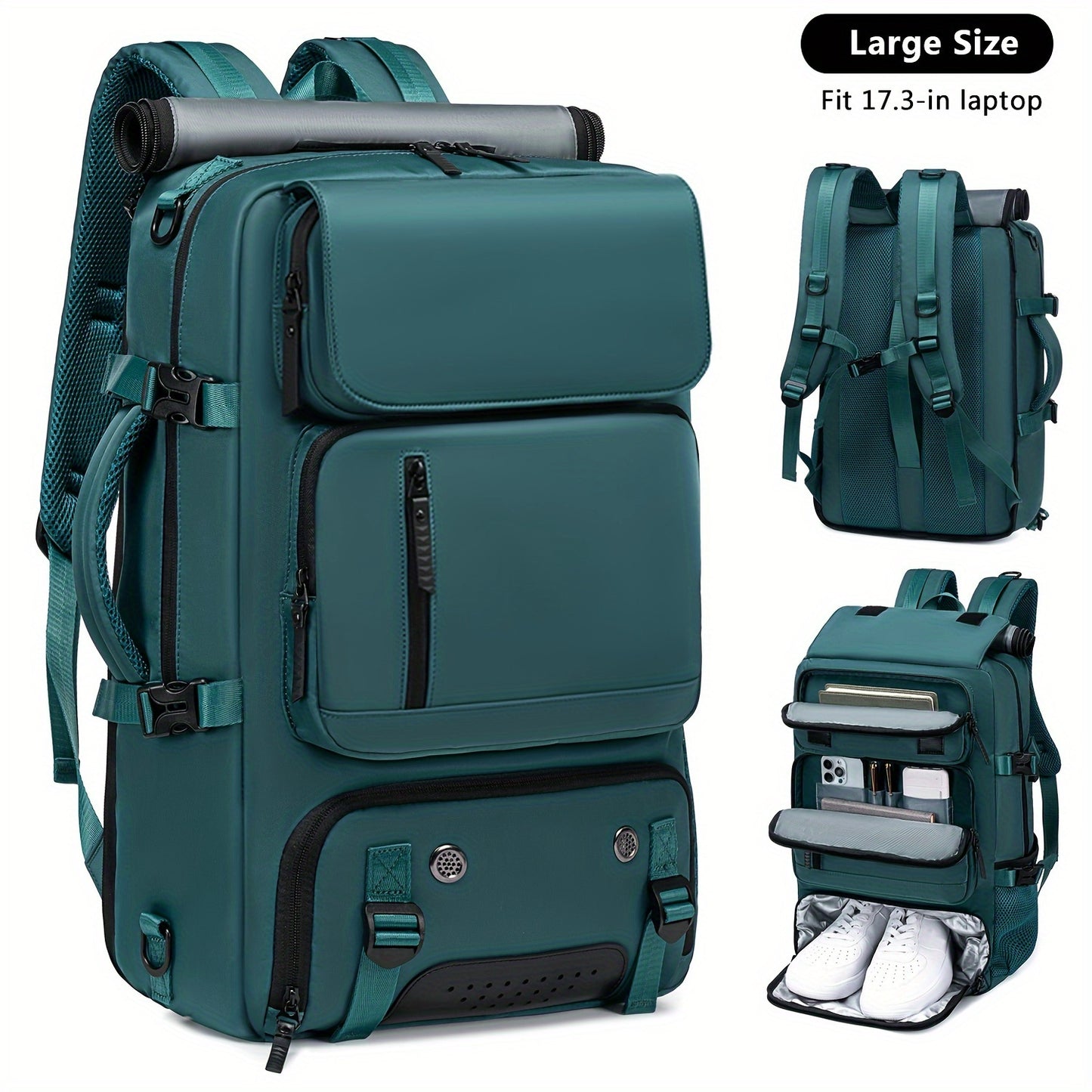 Versatile large backpack with shoe compartment & USB port for outdoor activities, business, and college. Great gift idea for men and women.