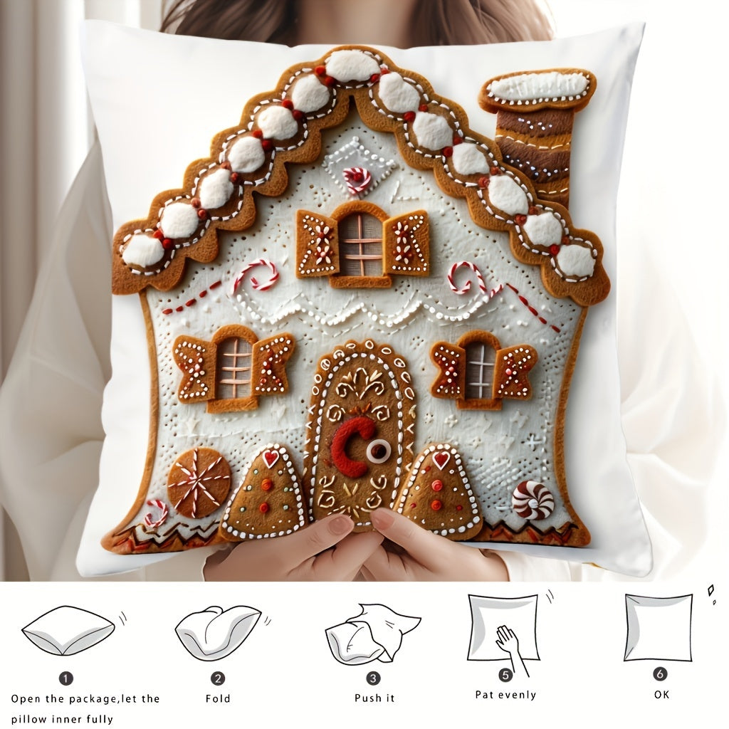 1PC Contemporary Gingerbread House Throw Pillow Cover, 100% Polyester with Zipper Closure, Machine Washable - Festive Christmas Design, 45.72x45.72 cm. Ideal for Living Room, Sofa, Farmhouse, Porch.