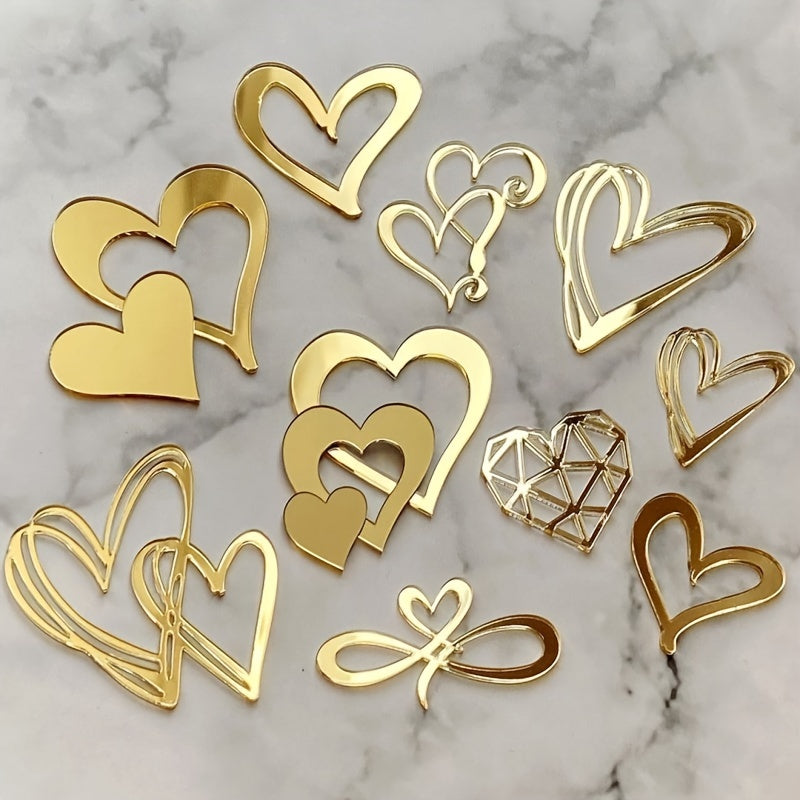 Set of 10 Valentine's Day heart-shaped acrylic cake toppers for party decor.