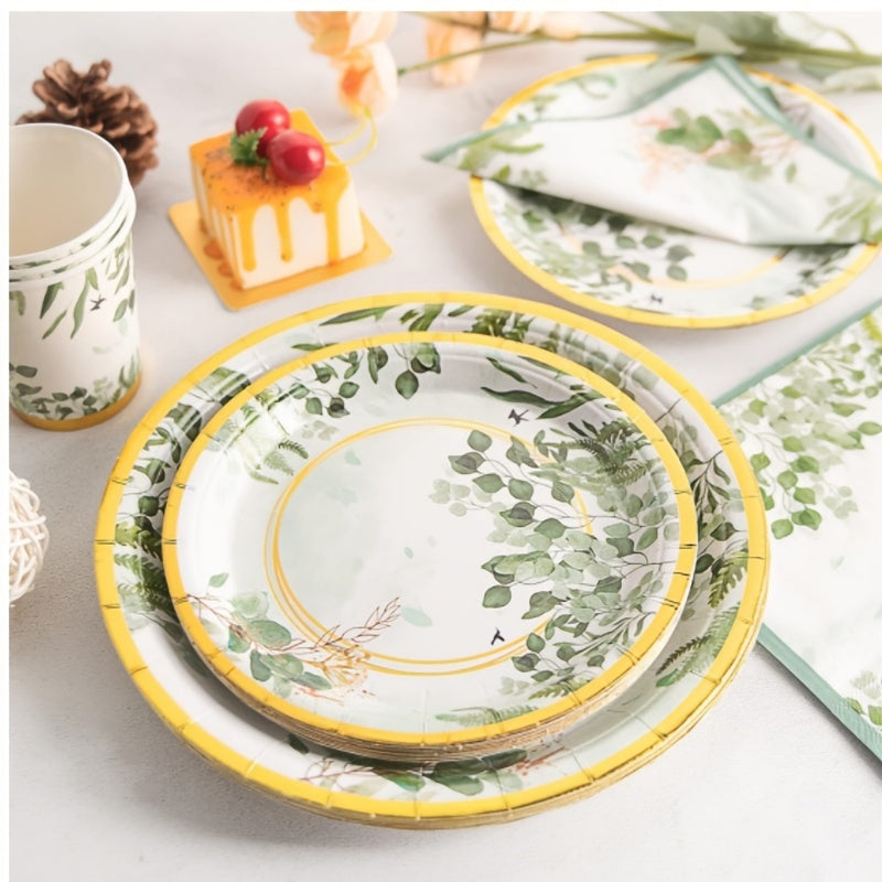 Disposable Green Leaves Themed Tableware Set - Includes 120 Pieces, Ideal for Serving 24 Guests. Perfect for Elegant Party Decor with Paper Plates, Dessert Plates, Napkins, and Paper Cups. Stylish Supplies for Birthdays, Weddings, Festivals