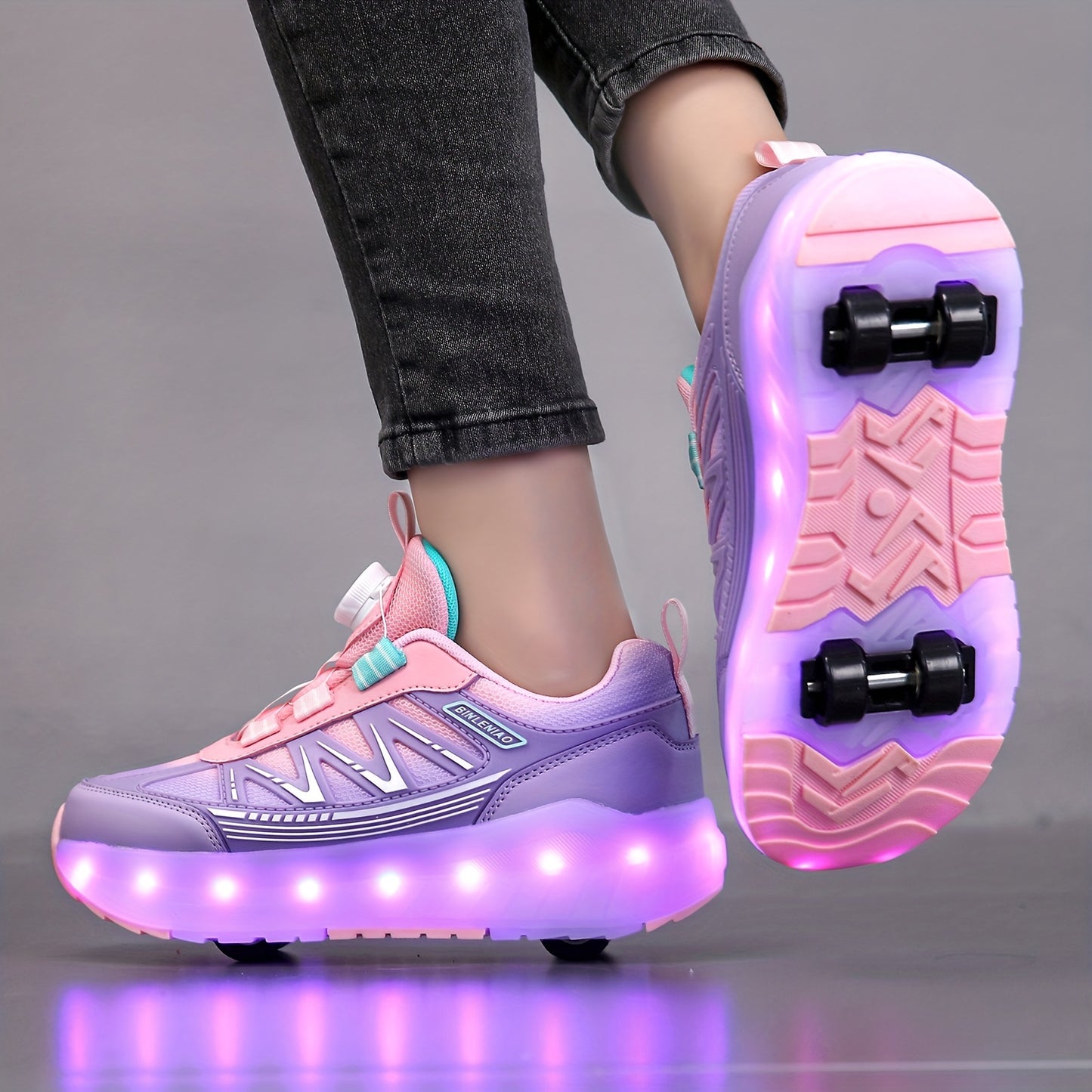 Pink and purple LED light-up skateboard shoes for girls with 8 wheels and 16 flash modes. Breathable and lightweight, with fabric lining, EVA sole, and rotary buckle closure. Suitable for