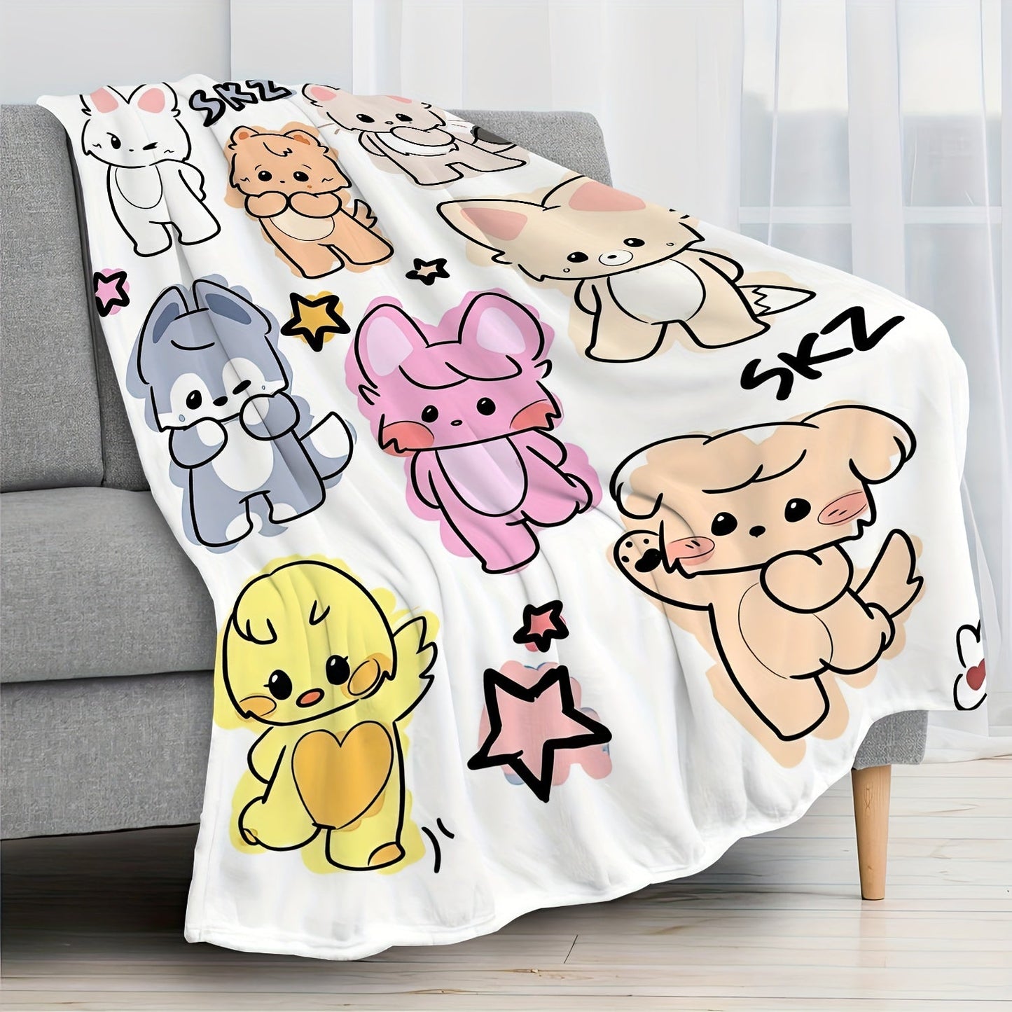 Soft flannel throw blanket featuring adorable K-POP Idol design, suitable for all seasons, easy to clean in washing machine. Stay cozy in style!