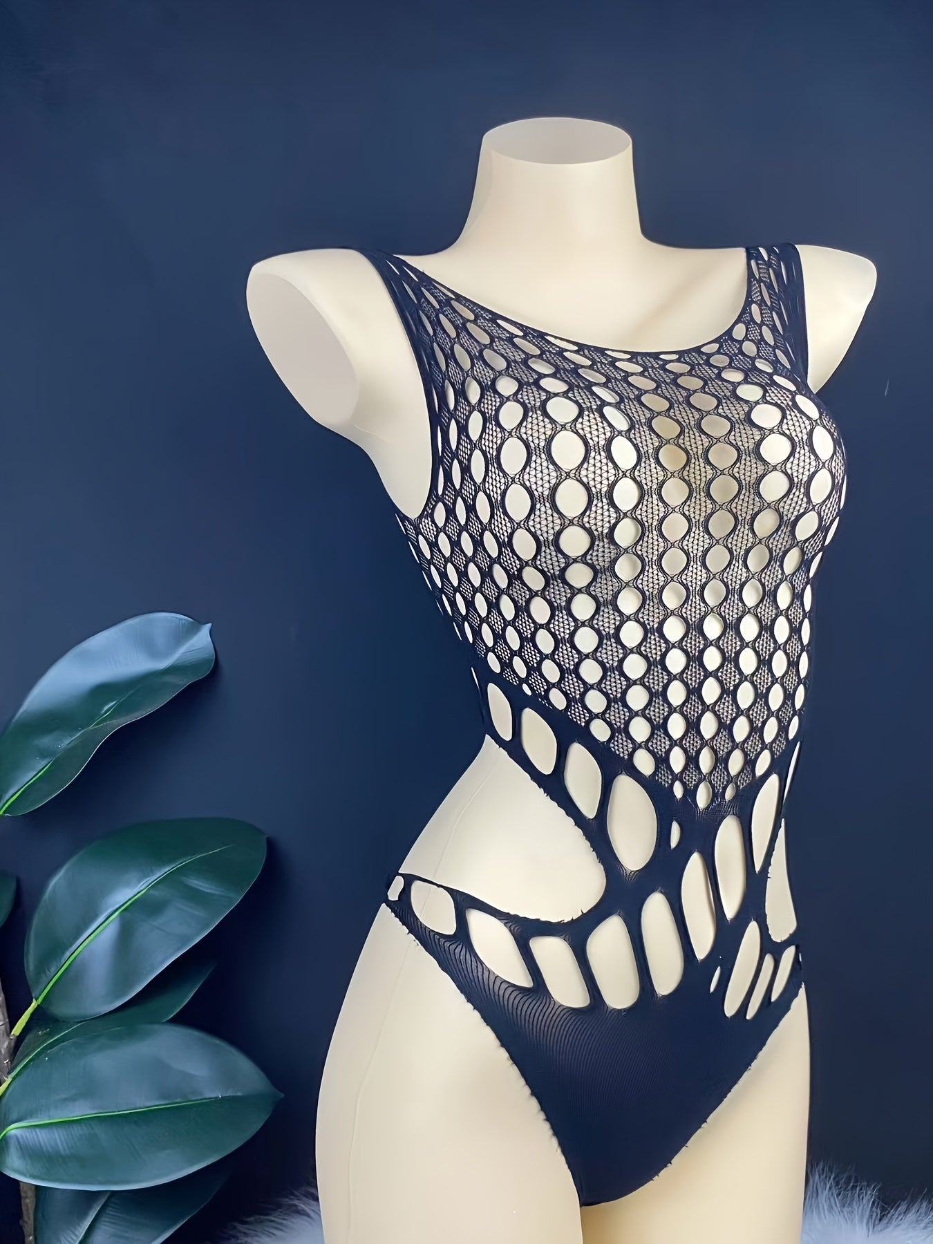 Nylon bodysuit with hook knit cutout design and tight fit for adult women's sexy streetwear.