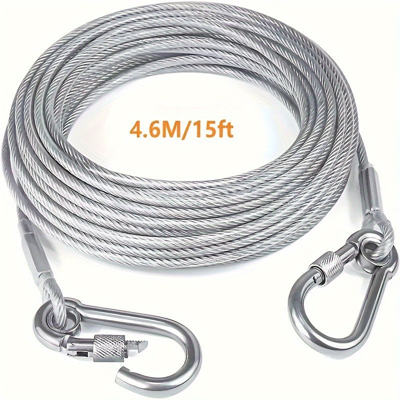 4.57m heavy-duty reflective tieout cable for large dogs up to 113.4kg, with rustproof clip. Chew and water-proof, easy to clean PVC coated steel wire. Ideal for yard use.